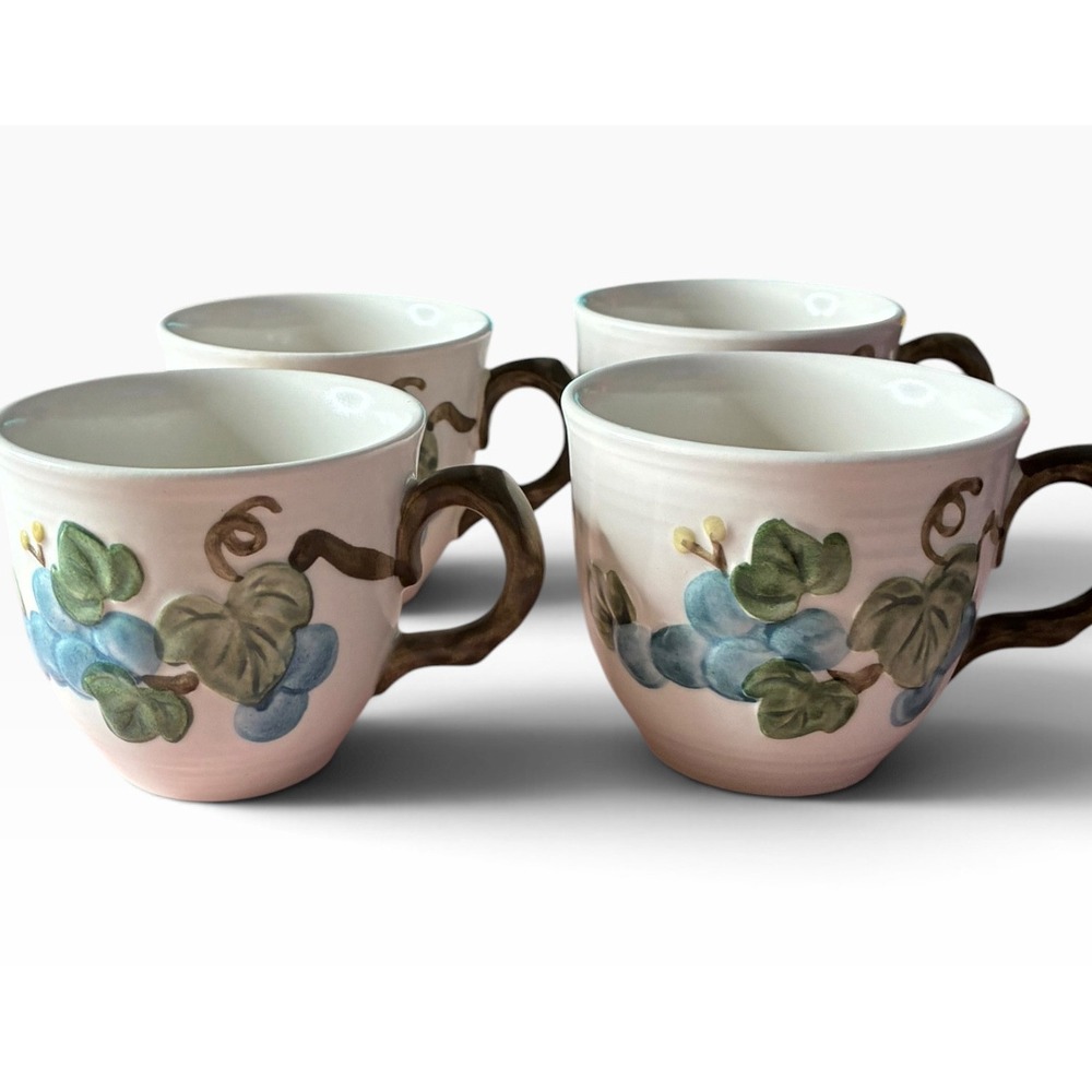 Metlox Vernon Poppytrail Grape Mugs Set of 4 Blue Green Embossed 1960s MCM